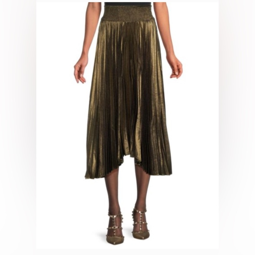 Elie Tahari Metallic Gold Pleated Midi Skirt with smocked waistband Large NWT